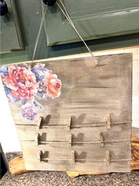 Wood Photo Display Board with Floral Accent - Neutral Grey & Pink